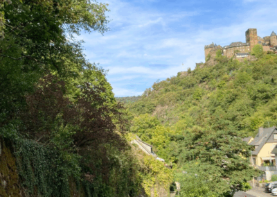 Weg entlang der beiden Grundstücke, die links davon liegen, mit Blick auf die Schönburg